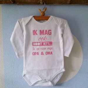 Baby Rompertje met tekst Ik mag ook nooit iets ik ga naar mijn Opa en Oma | Lange mouw | wit roze | maat 74/80