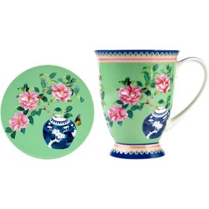 Maxwell & Williams Jardin Mok + Onderzetter Camelia Groen - 300ml - Vaatwasserbestendig