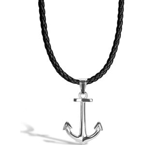 SERASAR Lederen Halsband Man [Anchor] - Zilver 60cm - Premium Sieraden