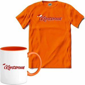 Kerstvrouw - T-Shirt met mok - Meisjes - Oranje - Maat 12 jaar