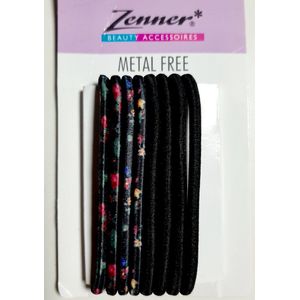 Zenner haarelastieken metal free - 8 elastiekjes zwart bloemen print - chique feest - metalfree - haarelastiek medium