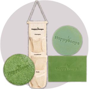 HappySoaps - 100% Plasticvrije Verzorging - Populaire Verzorging Giftset - Bar Organizer, Shampoo, Body Wash en Conditioner Bar