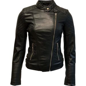 Zwarte leren bikerjack dames - Barcelona- 100% echt leer - Zwart - XL