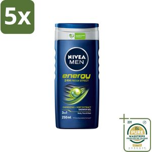 5 x Nivea - Men - Energy Douchegel - Langdurig Fris Gevoel - 250 ml - Grootverpakking - Nivea Men Energy Douchegel - 2-in-1 Douchegel - Body And Hair - Mint Extract - Energie Boost