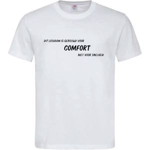 T-shirt Unisex Volwassenen Grappig Tekst ""Dit lichaam is gebouwd voor comfort niet voor snelheid"" Op Voorkant | korte mouw | Wit/zwart | maat L