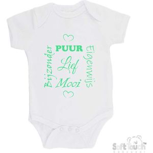 100% katoenen Romper ""Puur Eigenwijs Mooi Bijzonder Lief"" Unisex Katoen Wit/mint Maat 62/68