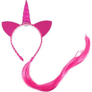 KIMU Eenhoorn Haarband Haar Roze - Unicorn Diadeem Met Oortjes - Pink Hoorn Nephaar Glitter Vlecht Extensions Festival