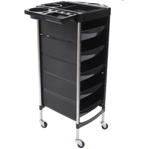 Salonwagen Zwart - Kappers Trolley - Kappers Werkwagen - ABS/PP Kunststof & Roestvrij Staal - 6 Lagen - 5 Laden - 52,5x37x90 cm - Met Wielen & Opvouwbare Werkbladen