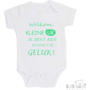 100% katoenen Romper ""Welkom kleine uk, je bent een bundeltje geluk"" Unisex Katoen Wit/mint Maat 62/68