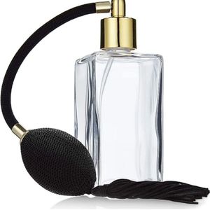 Parfum flacon leeg 100 ml met bal verstuiverpomp, helder glas fles hoekig, om zelf te vullen met parfum, navulbaar voor 100 ml, met balpomp Merk: ’merkloos’