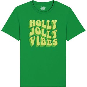 Holly Jolly Vibes - Foute kersttrui kerstcadeau - Dames / Heren / Unisex Hippy Kerst Kleding - Grappige Feestdagen Outfit - Kinder T-Shirt - Kelly Groen - Maat 12 jaar