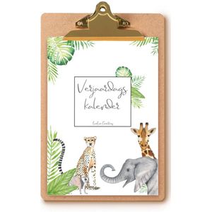 LoeLoe Creations - Verjaardagskalender - A5 - Inclusief houten klembord met gouden clip - Aquarel illustraties - Jungle - Dieren - Botanisch
