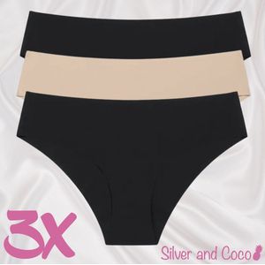 SilverAndCoco® - 3 stuks Naadloze Onderbroek / Seamless Broekje Dames / Zacht Brazilian Slipje / Naadloos Stretch Ondergoed Vrouw / Hipster Dames Lingerie Broekje Slip Black - Zwart Beige / Medium