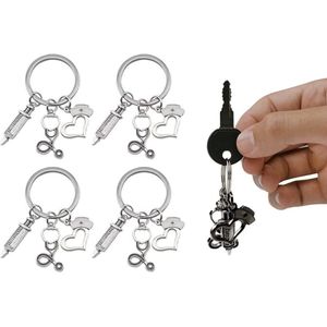 4-delige set driedelige sleutelhangerset met creatieve combinatie (stethoscoop spuit verpleegsterdop) cadeaus voor medische studenten verpleegstersgeschenken - Kleur: roestvrij staal
