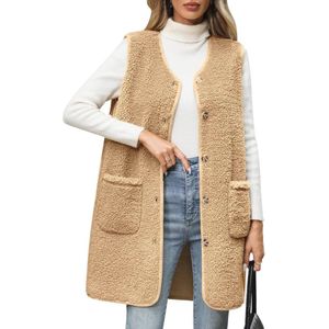 Dames teddy fleece vest lang mouwloos warm V-hals met zakken