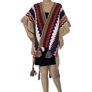 Dames warme Poncho gebreid met kleurrijk patroon Onesize camel/bruin
