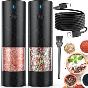 2-pack elektrische zout- en pepermolenset, USB-oplaadbaar, met warm LED-licht, instelbare grofheid. Lidaop automatische zout- en pepermolen met grote capaciteit voor keuken, eetkamer, buiten, zwart.