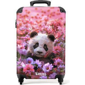 NoBoringSuitcases.com® - Kinderkoffer - Kindertrolley - Panda - Bloemen - Handbagage koffer lichtgewicht - Reiskoffer trolley - Rolkoffer met wieltjes - Past binnen 55x40x20 en 55x35x25