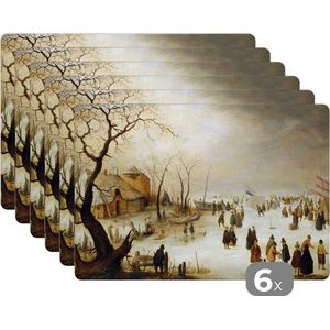 Placemat - Placemats kunststof - A winter river landscape with figures on the ice - schilderij van Hendrick Avercamp - 45x30 cm - 6 stuks - Hittebestendig - Anti-Slip - Onderlegger - Afneembaar