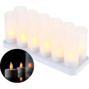 LED Kaarsen + Oplaadbare Basis – Veilige Waxinelichtjes – Decoratie – 12 Stuks + Cups