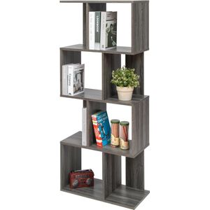 Decoratieve boekenkast met 4 legplanken/boekenkast in S-vorm, Ontwerp, Modulare, kantoor, kamer, bibliotheek - Display Shelf - SRK-W4 - Grijs Eiken