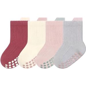 Antislipsokken voor baby's en kinderen, 4 paar unisex katoenen ademende antislipsokken voor pasgeborenen, winter-, herfst- en lentesokken, geschikt voor meisjes en jongens van 0-12 maanden