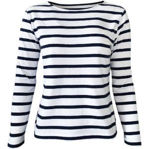 MOOI! Company - Streep T-shirt Blauw-Wit - Losse pasvorm - 100% Katoen Linnen Look - model Kim - Lange mouw - XL