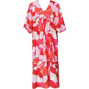 Jurk - Bloemenprint - Roze Rood Wit - Maat L