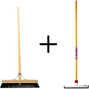 Synx Tools Paardenhaar 40cm + Vloertrekker Kunststof 35cm met Steel 150 cm – Zaalveger – Vloerreiniger – Natuurrubber – Zachte binnenbezem met steel 150cm
