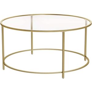 A.T. Shop Salontafel, bijzettafel rond, koffietafel, 84 x 84 x 45,5 cm, glazen tafel met metalen frame, gehard glas, nachtkastje, sofatafel, voor balkon, goud
