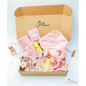 Gepersonaliseerde kraamcadeaus - Hawsaz.nl cadeau - Babygeschenksets 11 stuks Roze - Geboortecadeau - babyshower - Babyset - Babydeken - Baby knuffel - Babykado - Baby geschenk Speenkoord - Babyverzorging - Baby speelgoed - Zwitsal