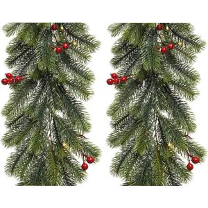 Set van 2x stuks kerst dennenslinger/dennenguirlandes groen met decoratie 30 x 180 cm - Kerstslingers