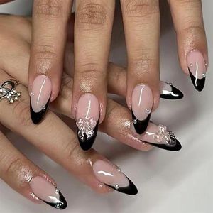 24 stuks parelmoerzwarte opdruknagels - middelgroot en glanzend - 3D-kunstnagels - Franse vingermanicure .