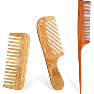 3-delige houten kam - bamboekam set - brede getande kam voor vrouwen - fijne tandenkam voor baard - haar - snor - krullend - dik - golvend haar - haarverzorging - kamset