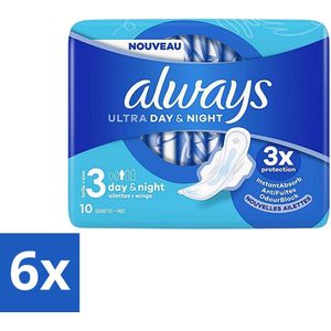 Always Ultra Day & Night - Maandverband - Met Vleugels - 10 Maandverbandjes - Voordeelverpakking - 6 stuks