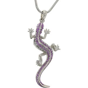 Behave Korte ketting dames zilver kleur met salamander met paars lilla steentjes