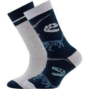 Ewers Kindersokken Ewers - Set / 2-Pack - Dino Skeletten & Effen met Rand - Lichtgrijs & Donkerblauw-23/26