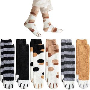 ByShane - Pluche Kattensokken voor Dames - Warme Wintersokken - Pluizige Slippersokken - Verdikte Kattenklauw-bedsokken - Koudebestendige Sokken - Bruin XL - Herfst en Winter - Set van 6