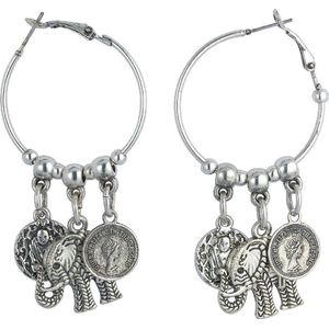 Behave Oorbellen - oorringen - dames - zilver kleur - met hangertjes - muntjes - olifant - 7cm