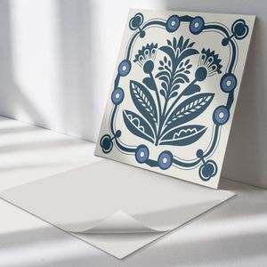 Wallfluent Vinyl Wandpaneel - Bloemenpatroon met bladeren PVC Muurpaneel - 50 cm x 50 cm - Marine PVC wandpaneel - 4 stuks - Vierkant Wandbekleding Vinyl - Bloemen Wandpaneel - Zelfklevende Wandbekleding - Wandpaneel Keuken en Badkamer