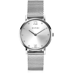 ZINZI Lady Crystal horloge zilvergekleurde wijzerplaat en kast stalen mesh band, witte crystals bij uuraanduiding, 28mm extra dun ZIW628M