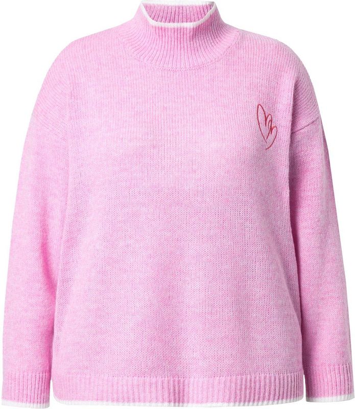 MIAMODA - Dames - Trui geborduurd hart opstaande kraag - Flamingo - Maat 42+