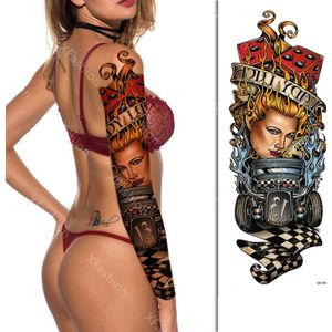Tattoo Sleeve - Vrouw Woman Auto Car Dobbelstenen Vuur Fire Racing - Neptattoo Lichaam en Gezicht - Tijdelijke Henna Plak Tattoos - Nep Tatoeage - Fake Temporary Tattoo - Festival Make-up Outfit Volwassenen Kinderen