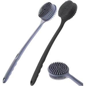 Zachte siliconen rugborstel voor bad, douche en bodyscrub met handvat, exfoliërende scrub, lichaamsverzorging, massage en badproducten (lange steel - zwart + grijs)