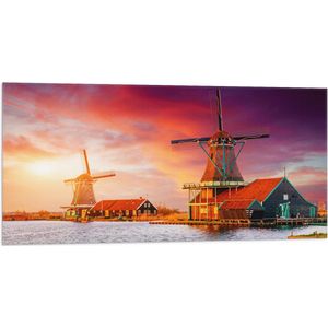 Vlag - Nederlandse Windmolens aan het Water onder Paars met Oranje Lucht - 100x50 cm Foto op Polyester Vlag
