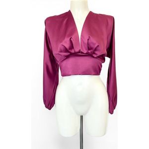 Satijnen blouse met v-hals - Roze/rood/paars - Satin crop top met lange mouwen - Geknoopt aan de achterkant - Blouse voor dames - Satijn - Kleding voor vrouwen - One-size - Een maat