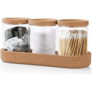 Set van 3 glazen wattenstaafjes, kurk, wattenschijfjes, opbergen, cosmetica-organizer met basishouder voor wattenstaafjes, ronde wattenschijfjes, tandzijde, make-upsponzen, transparant