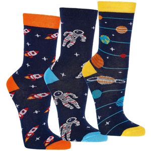 Grappige kindersokken | Astronauten print | Kleur: Blauw | Maat: 19-22 | Aantal: 3 paar