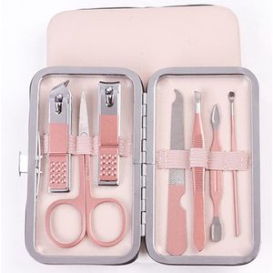 Professionele manicureset, 7-delige draagbare nagelschaar en wenkbrauwverzorgingsset, roestvrijstalen nagelverzorgingstools met luxe leren tas, geschikt voor op reis en thuis