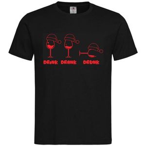 T-shirt Unisex Volwassenen Fout Foute Kerst Kerstmis Wijn Grappig Tekst ""Drink Drank Drunk (Kersteditie)"" | korte mouw | Zwart/rood | maat S